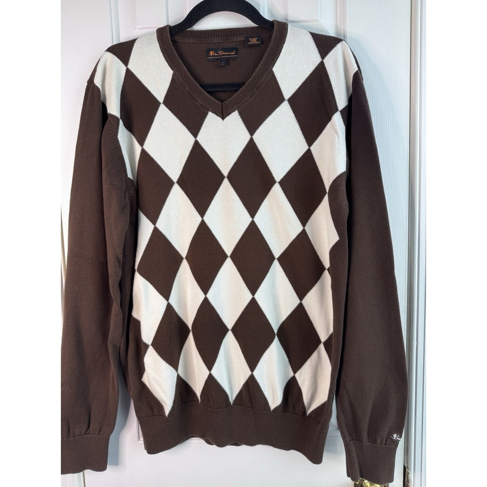 Ben Sherman Sweater Mens Large Brown Cream Argyle V Neck 100% Cotton Pullover